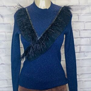 Sara Navon shimmer feather fringe sweater blue sweater with shimmer .